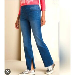 Chicos Pull On Slim Boot Jeans Women 20R Dark Wash Raw Hem Blue Boho Western EUC